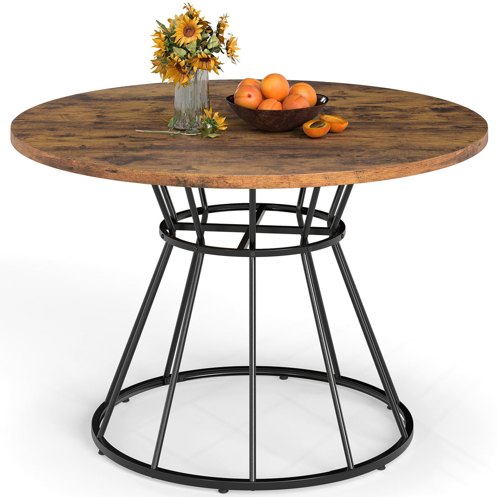Round Dining Table for 4 with Wooden Tabletop and Metal Base-Rustic Brown