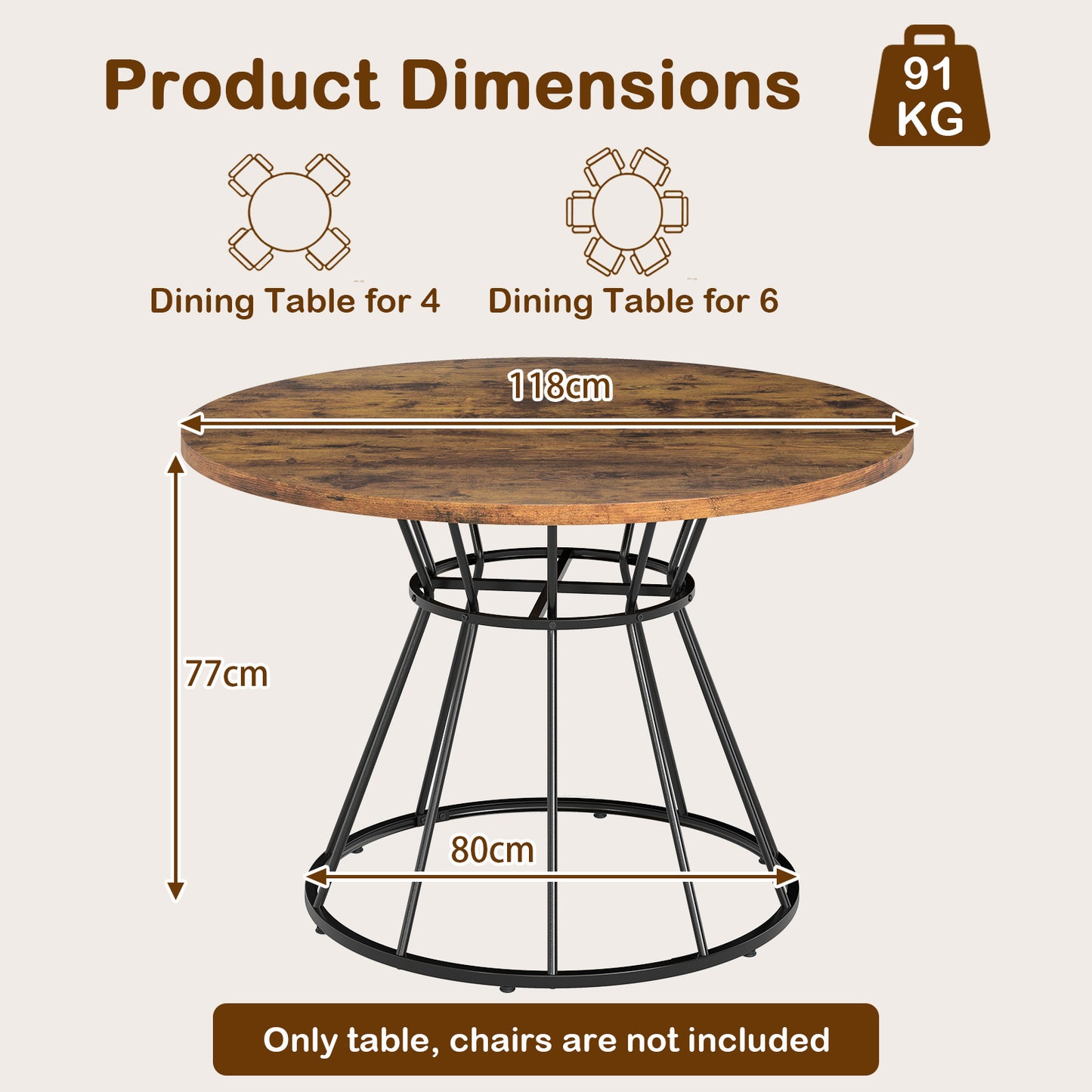 Round Dining Table for 4 with Wooden Tabletop and Metal Base-Rustic Brown