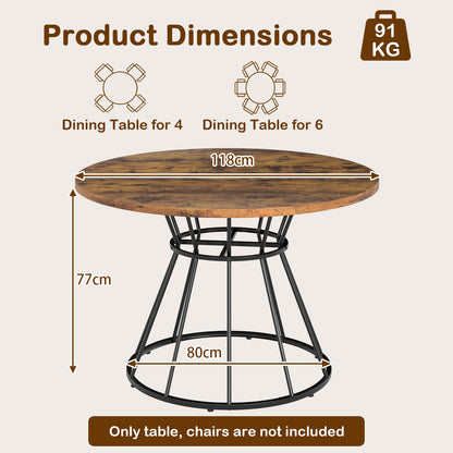 Round Dining Table for 4 with Wooden Tabletop and Metal Base-Rustic Brown