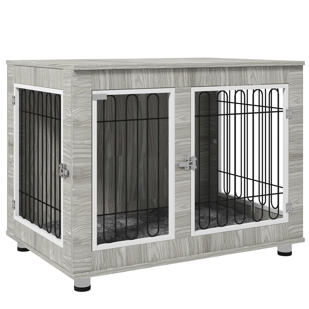 PawHut Dog Crate Furniture, Dog Cage End Table. with Soft Cushion, Double Door, for Large Dogs, Grey