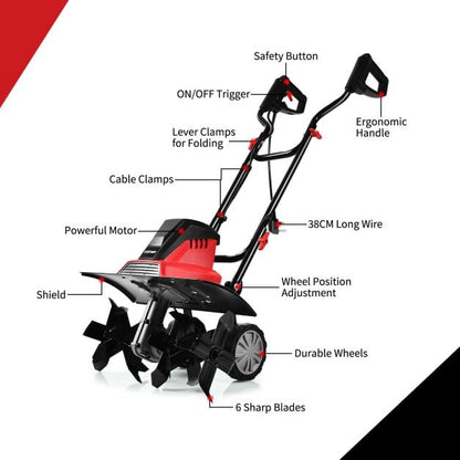 1500W Corded Electric Garden Tiller with 6 Blade Till