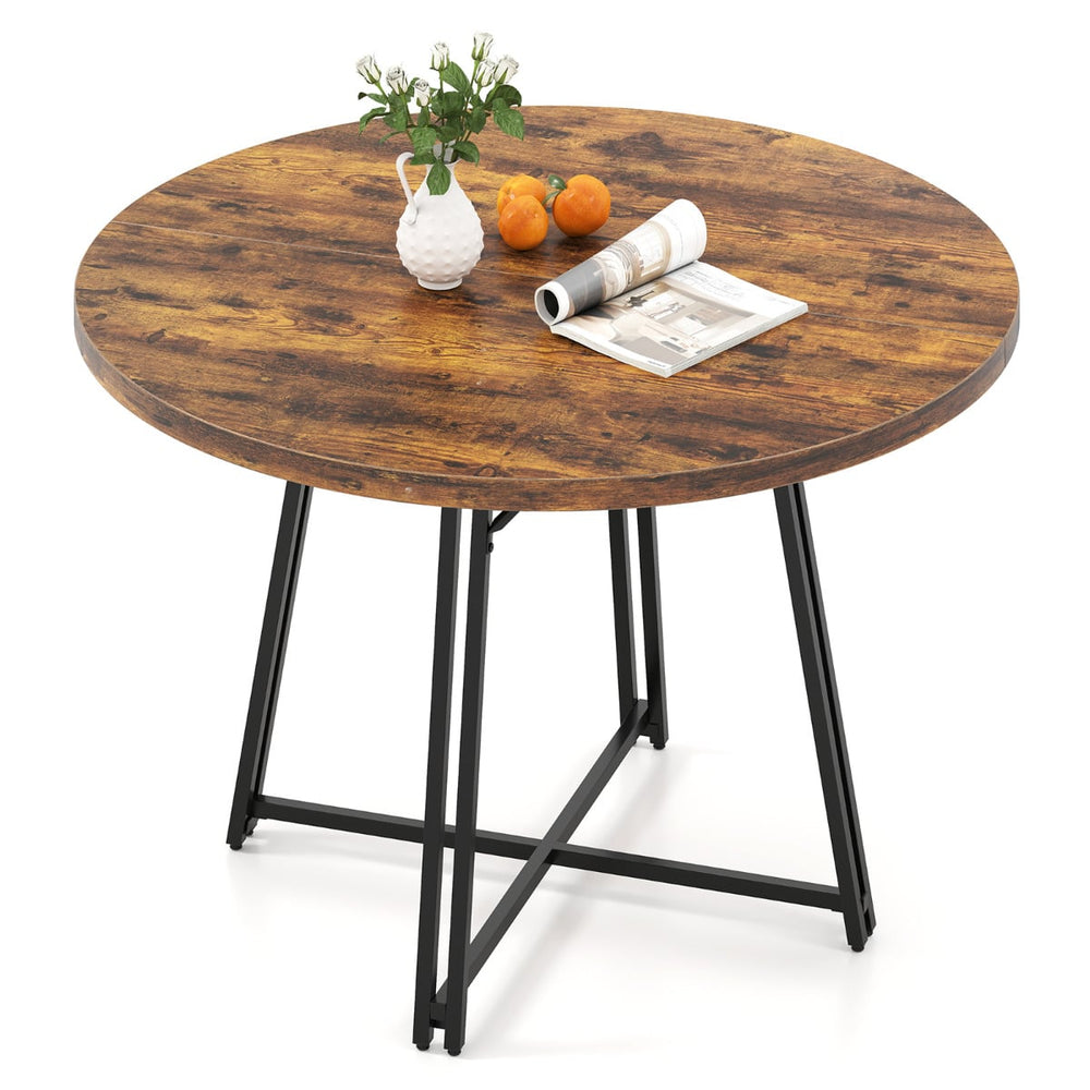 47 Inch Dining Table for 4-6 People Round Kitchen Table with 8 Metal Supporting Legs and Cross Base-Brown