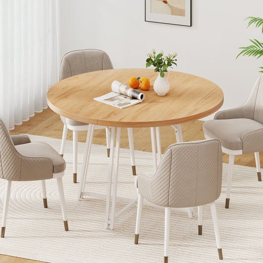 47 Inch Dining Table for 4-6 People Round Kitchen Table with 8 Metal Supporting Legs and Cross Base-Natural