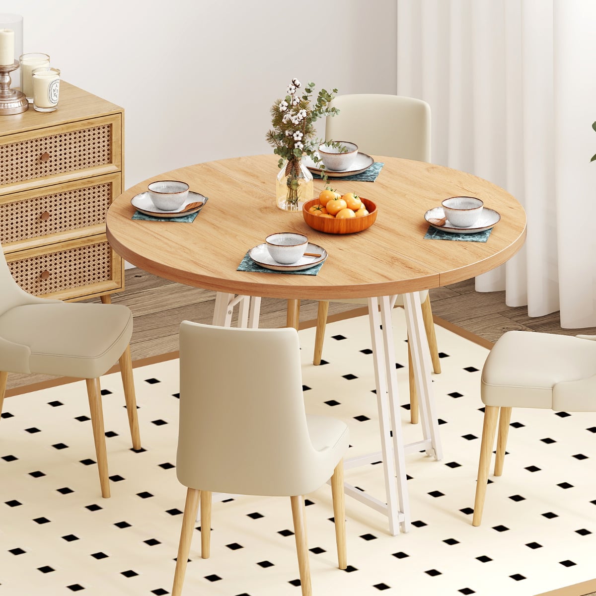 47 Inch Dining Table for 4-6 People Round Kitchen Table with 8 Metal Supporting Legs and Cross Base-Natural