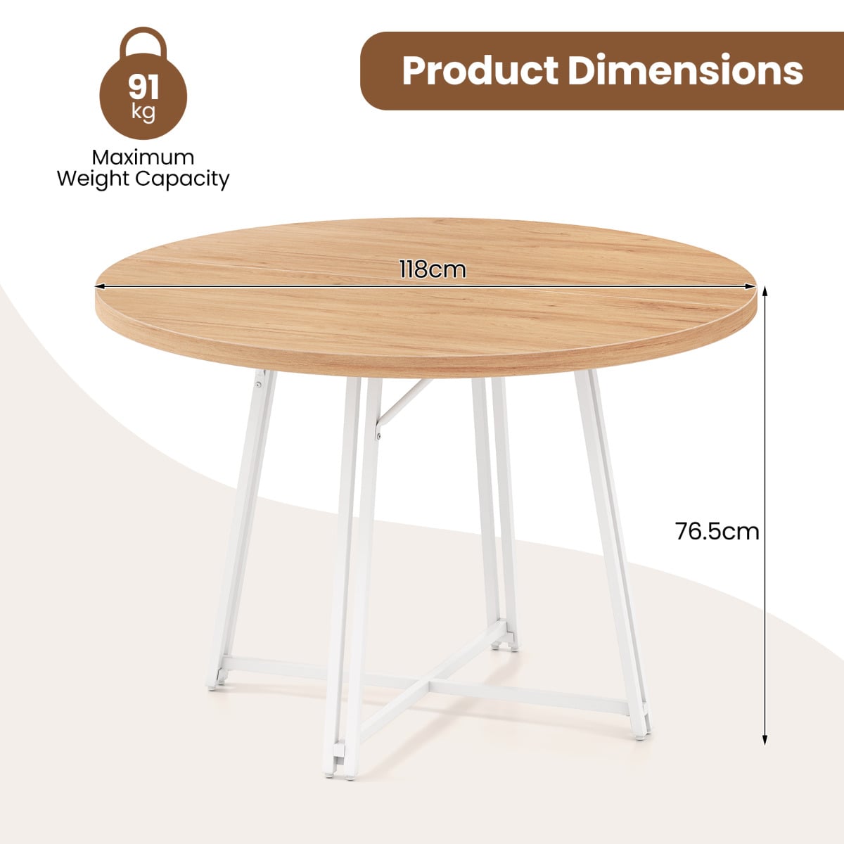 47 Inch Dining Table for 4-6 People Round Kitchen Table with 8 Metal Supporting Legs and Cross Base-Natural