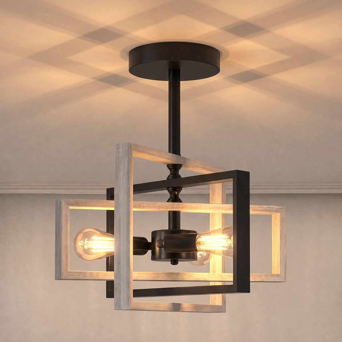HOMCOM Ceiling Light Fixtures, Industrial Ceiling Lighting with Wood Frame, Bulbs Not Included, Black