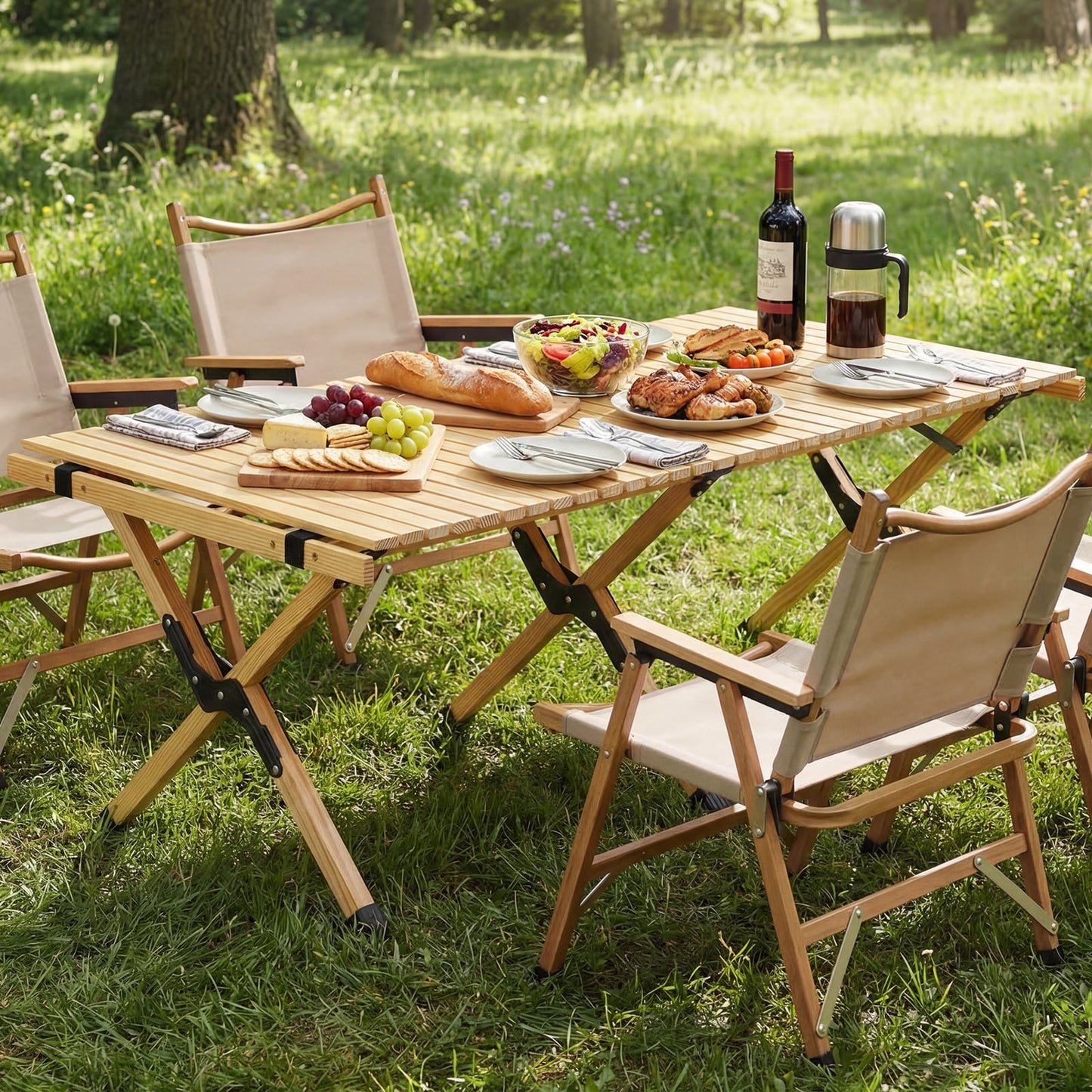48" Folding Camping Table with Carrying Bag for 4-6 People Portable-Natural