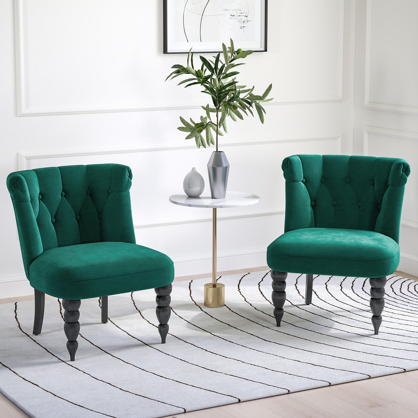 HOMCOM Velvet Accent Chair Set of 2, Button Tufted Wingback Chair with Rubber Wood Legs for Living Room, Bedroom, Dark Green