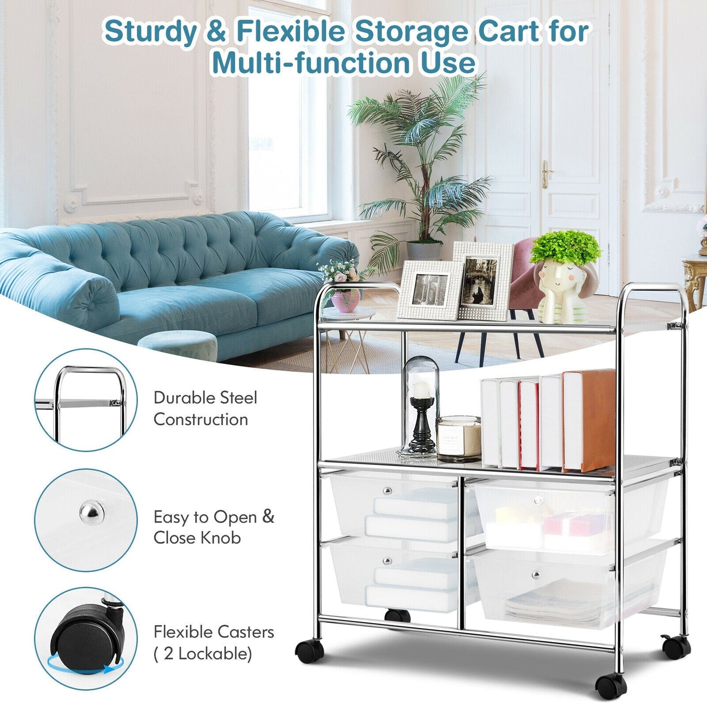 Utility Organiser Cart with 4 Plastic Drawers-White