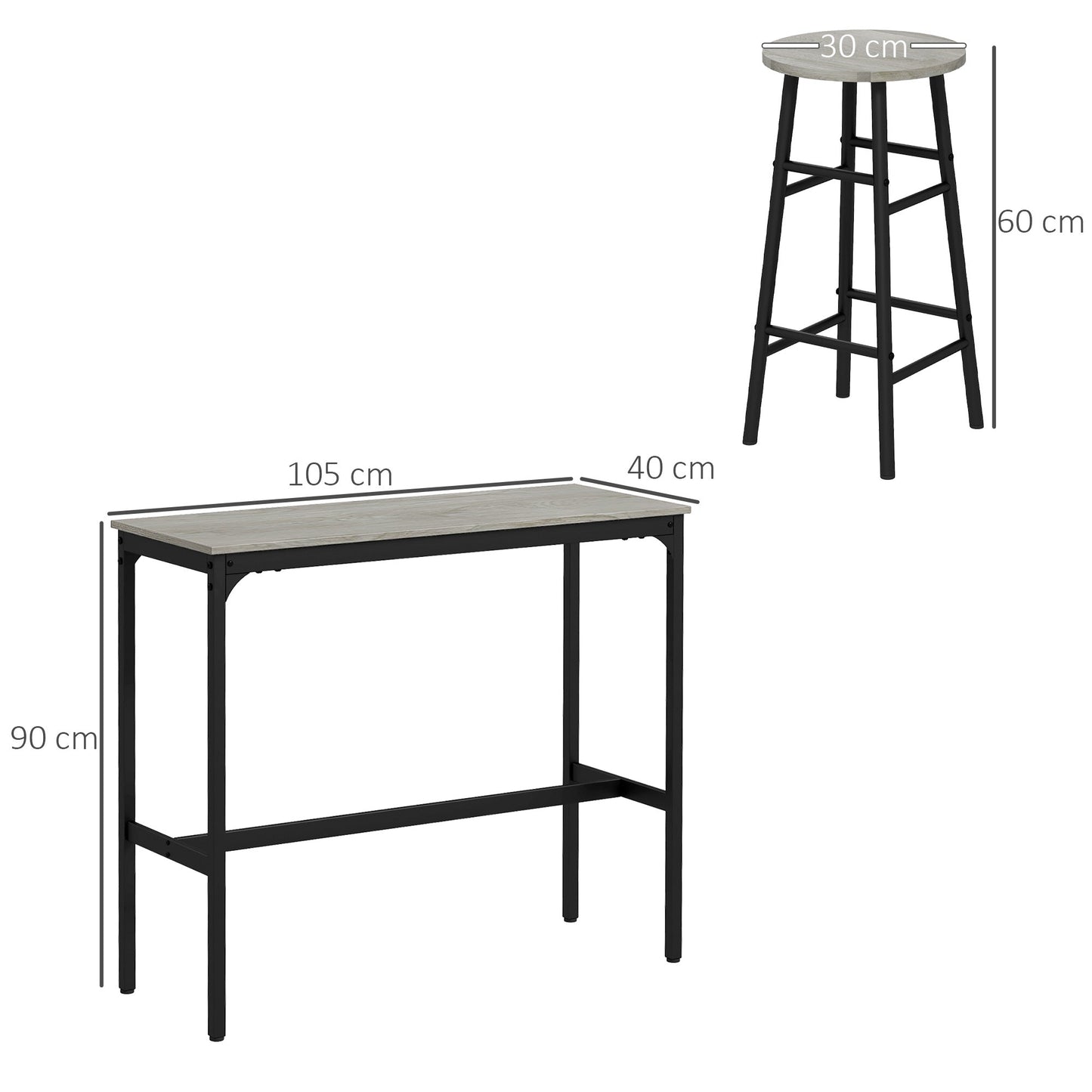 HOMCOM 3 Piece Bar Table Set with 2 Stools, Industrial Bar Table and Stool Set, Dining Table and Chair Set, Grey