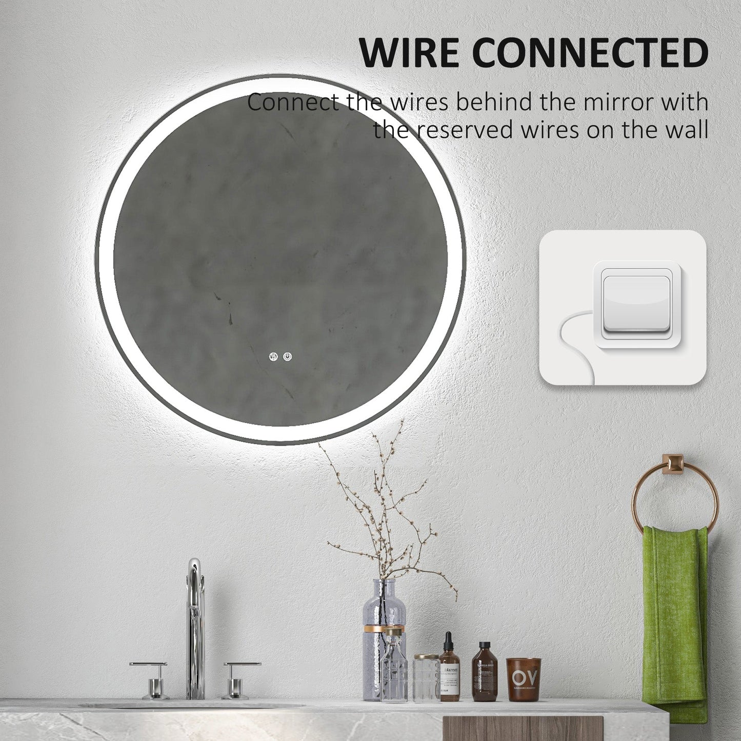 kleankin Round Bathroom Mirror with LED Lights, Wall Mount Dimmable Makeup Mirror with 3 Temperature Colours, Defogging Film and Memory Function, Frameless, Hardwired, 60 x 60 cm