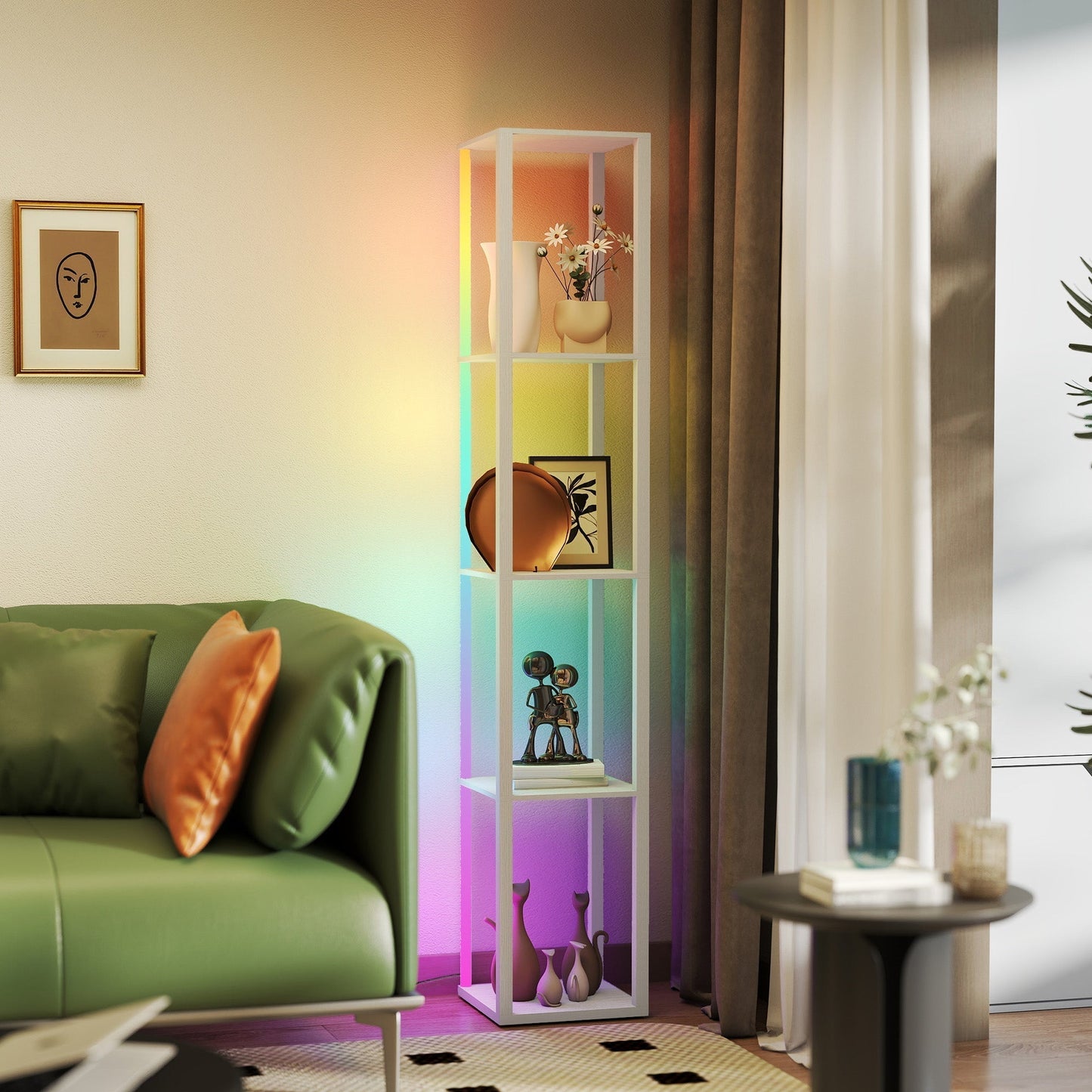 HOMCOM RGB LED Floor Lamp with Shelves, Modern Dimmable Standing Lamp with Remote Control, Adjustable Brightness & Speed for Living Room, Bedroom, Office, Oak