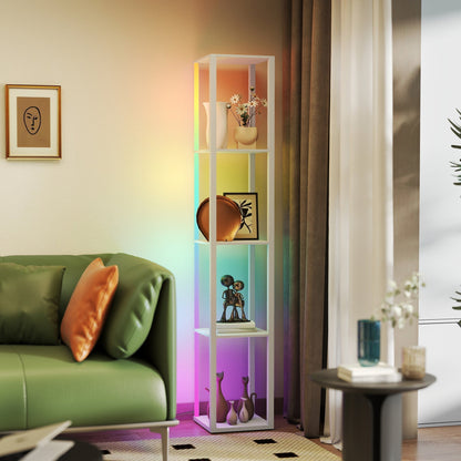 HOMCOM RGB LED Floor Lamp with Shelves, Modern Dimmable Standing Lamp with Remote Control, Adjustable Brightness & Speed for Living Room, Bedroom, Office, Oak