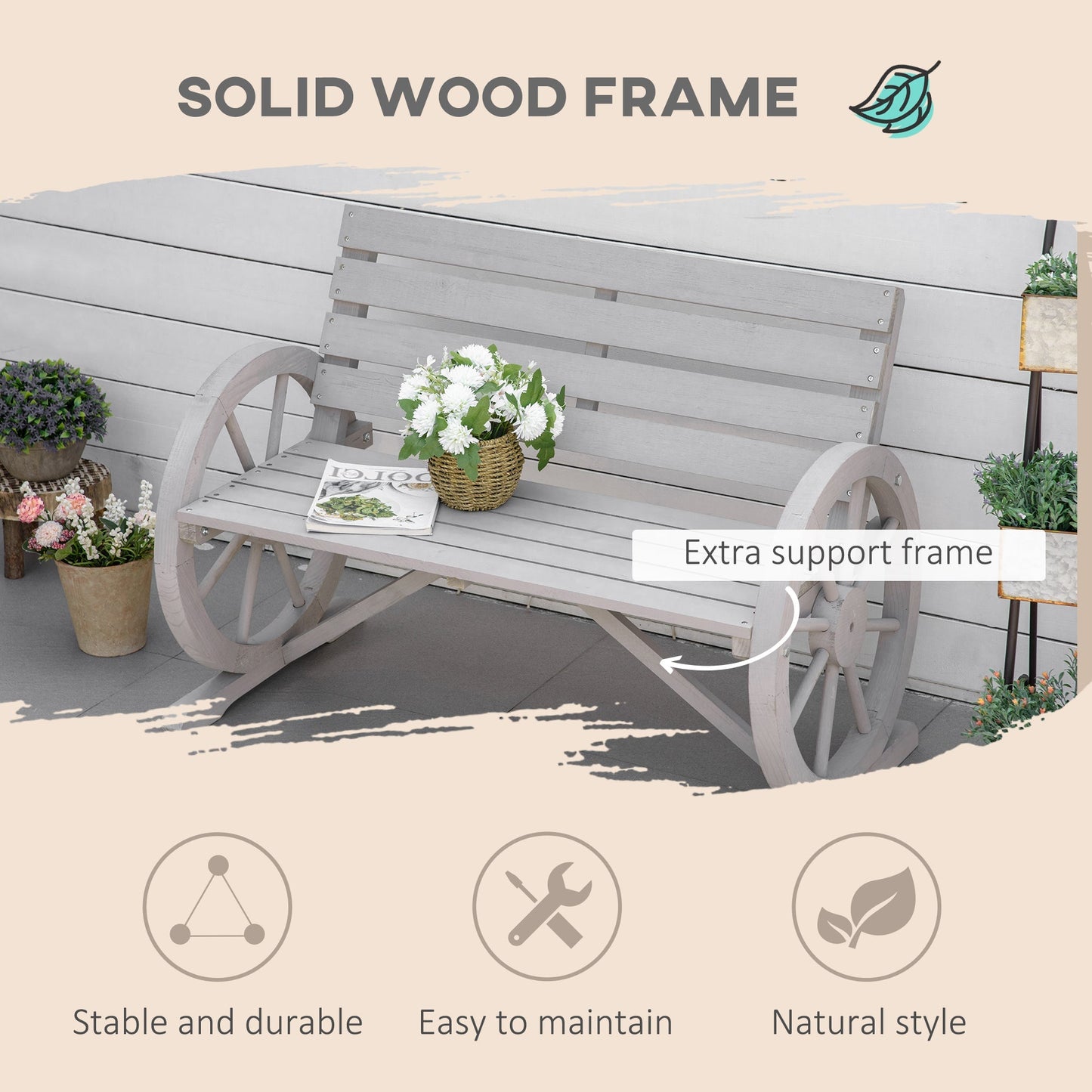 Outsunny Wooden Cart Wagon Wheel 2 Seater Garden Bench Outdoor Garden Armrest Chair Rustic High Back Loveseat Grey