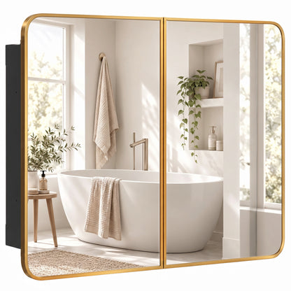 HOMCOM 76.2 x 11.6 x 61 cm Bathroom Mirror Cabinet, Wall Cabinet with Adjustable Shelves, Wall-Mounted or Recessed, Gold Tone