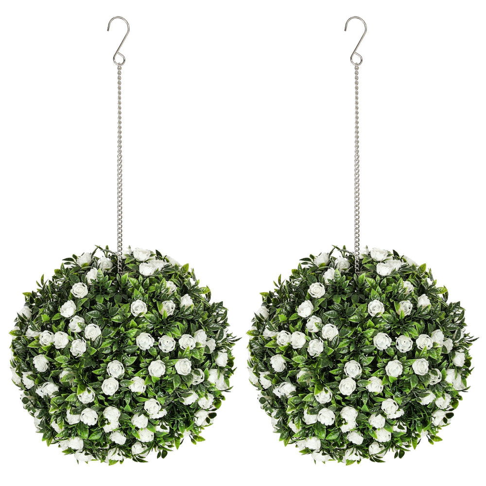 HOMCOM Set of 2 Decorative Artificial Plants, UV-protected Artificial Plant Topiary Rose Balls, Fake Plants for Home Indoor outdoor Decor, 28cm, White