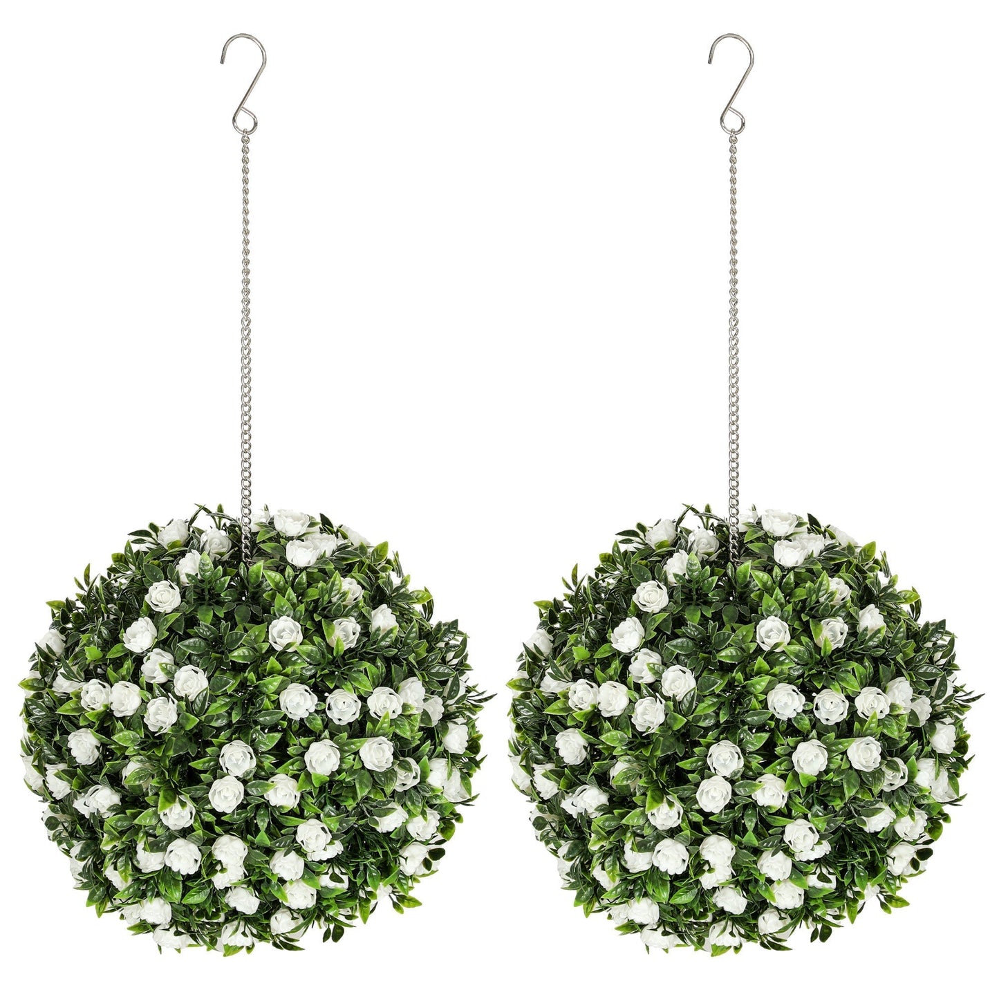 HOMCOM Set of 2 Decorative Artificial Plants, UV-protected Artificial Plant Topiary Rose Balls, Fake Plants for Home Indoor outdoor Decor, 28cm, White