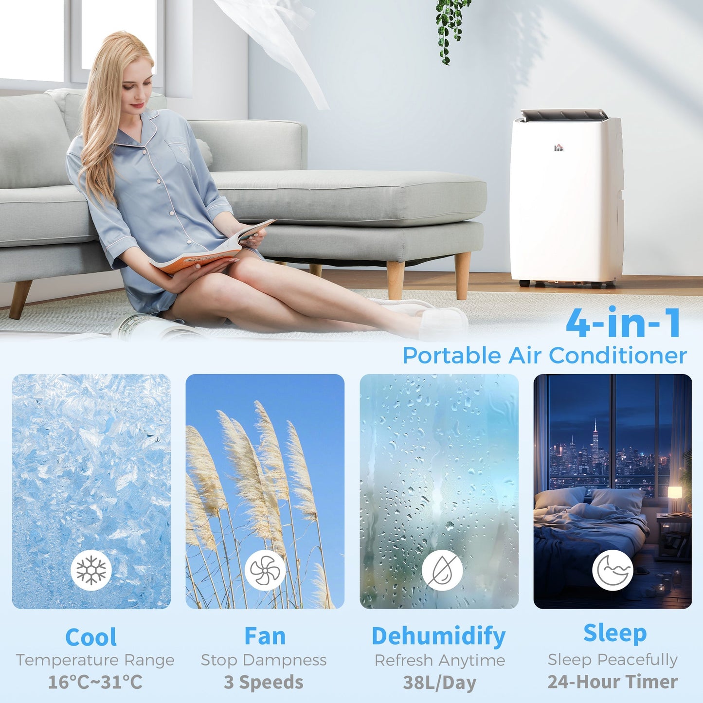 HOMCOM Portable Air Conditioner 12000 BTU, 4-in-1 Air Conditioning Unit, Dehumidifier, Cooling, Fan, Sleep Mode with 3 Speeds, Remote Control, LED Display, 24H Timer, Window Kit, Children Lock, 35m2