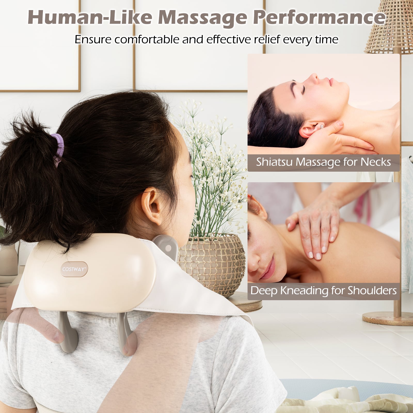 4D Deep Tissue Kneading Shiatsu Neck Shoulder Massager with 2 Heating Levels-Beige