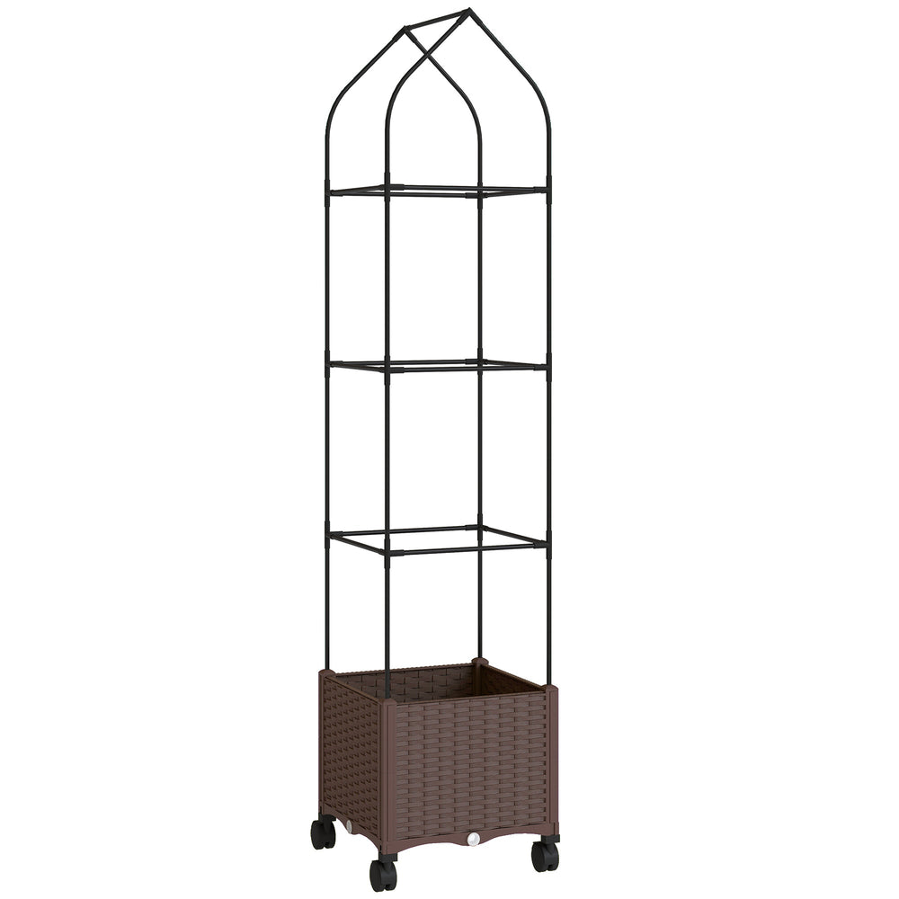 Outsunny Raised Garden Bed with Trellis, Tomato Cage with Lockable Wheels, Self Watering Planter Box with Drainage Holes, Brown
