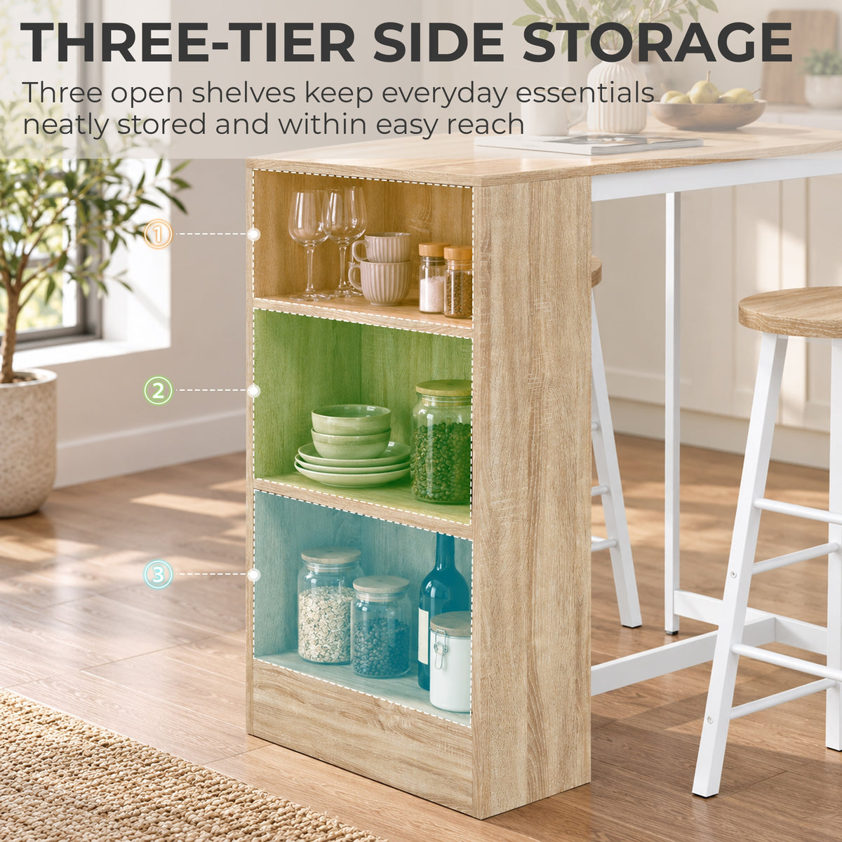 HOMCOM Breakfast Bar Table and Stools Set with 3 Tier Storage Shelves, Footrest and Metal Frame, 91 cm, Oak