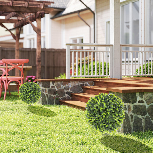 HOMCOM Set of 2 40 cm Artificial Boxwood Topiary Ball Bush with Integrated Ground Stake, Indoor Outdoor UV Resistant Faux Greenery, Faux Plants for Garden, Porch, Balcony