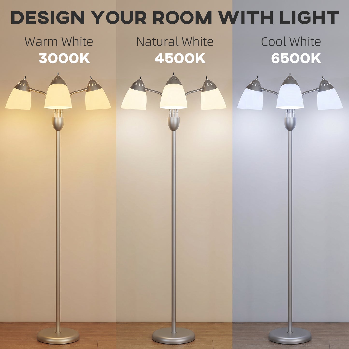HOMCOM Arc Tree Floor Lamp with 3 Adjustable Rotating Lights and 3000K/4500K/6500K Colour Temperatures, Silver Tone