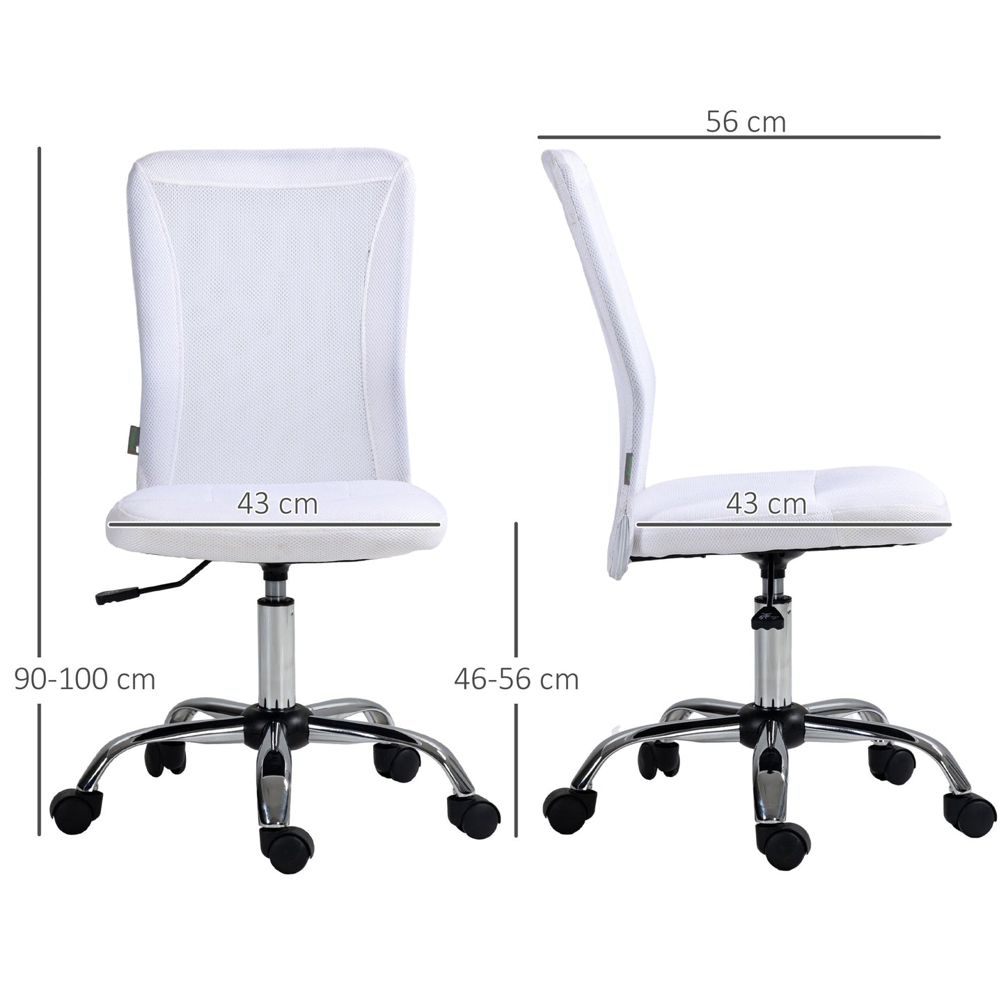 Vinsetto Computer Desk Chair, Mesh Office Chair with Adjustable Height and Swivel Wheels, Armless Study Chair, White