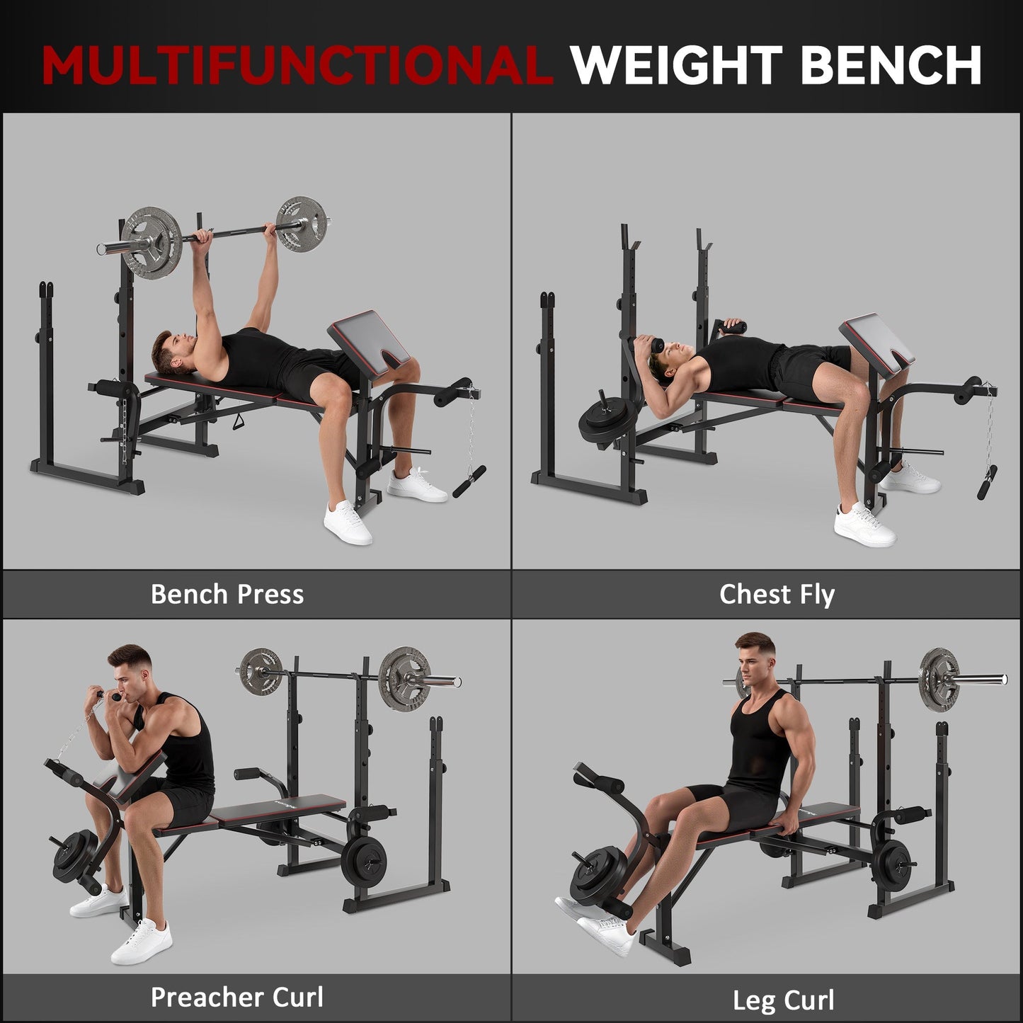 SPORTNOW Weight Bench with Two Barbell Racks, Leg Curl Machine, Preacher Curl Bench, Black