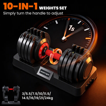 SPORTNOW 24kg Adjustable Dumbbell Set of 2, 10-in-1 Dumbbell Weights with Quick-Dial System, Safety Lock, Non-Slip Grip, Storage Tray, Space-Saving Free Weights for Home Gym Strength Training