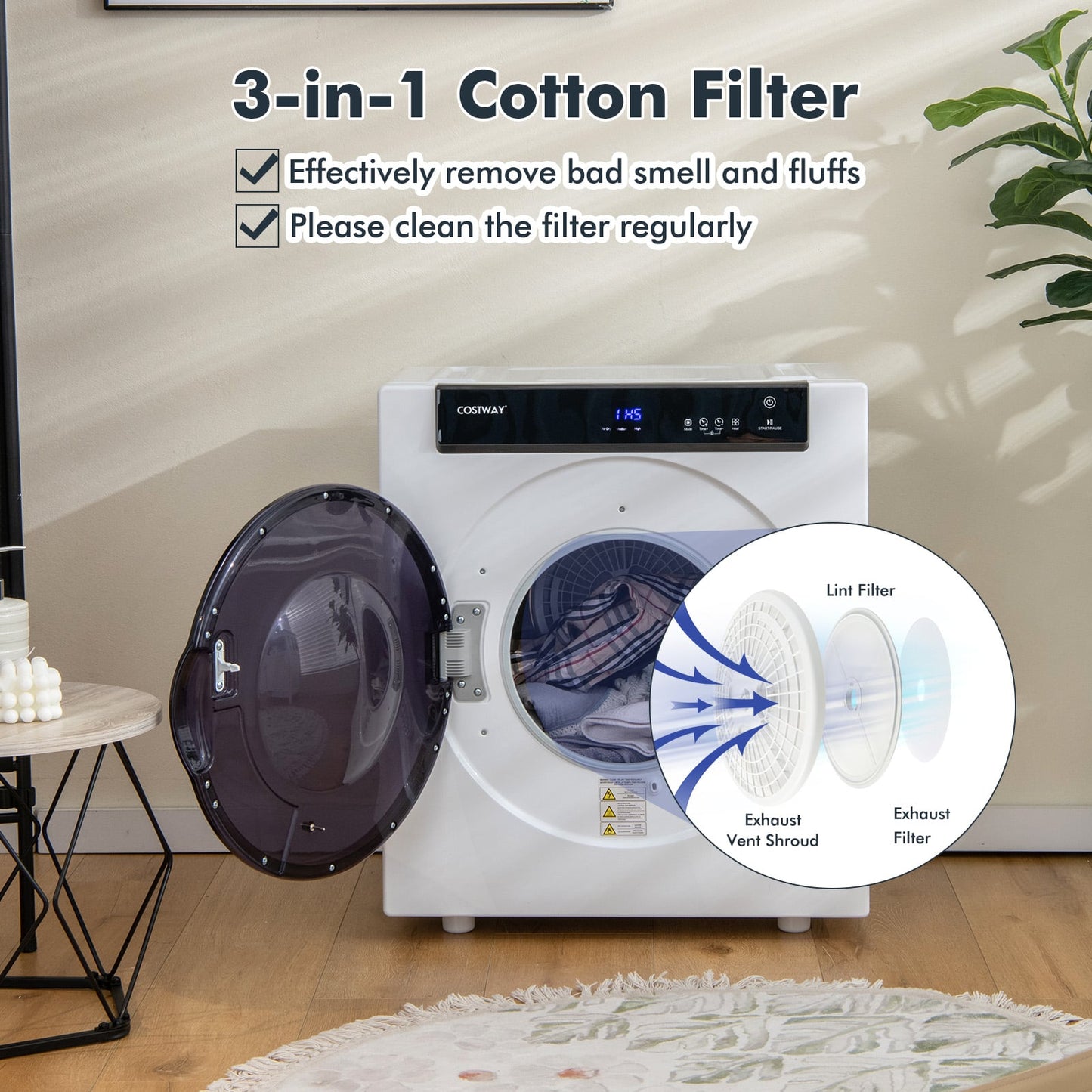 4KG Compact Dryer with Stainless Steel Tub and Multi-layer Filtration-White