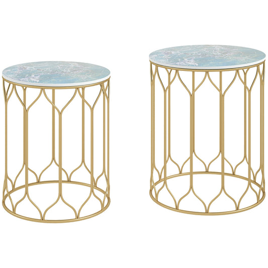 Outsunny Round Coffee Table Set of 2, Modern Nesting Tables with Ceramic Tile Top, Small End Tables, Indoor Outdoor Side Table with Metal Frame for Living Room, Bedroom, Patio, Balcony, Multicoloured