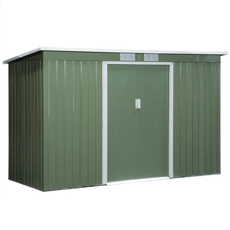 Outsunny 9ft x 4ft Corrugated Garden Metal Storage Shed Outdoor Equipment Tool Box with Kit Ventilation & Doors Light Green