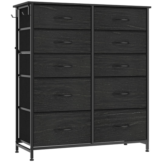 HOMCOM Chest of Drawers, Dresser with 10 Fabric Drawers, Tall Storage Unit with 4 Pockets and 2 Hooks Steel Frame, Black