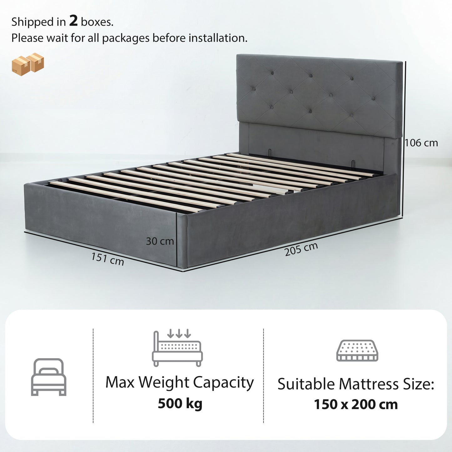 HOMCOM King Size Bed Frame Gas Side Lift Under Bed Storage Upholstered Platform Bed Tufted Headboard for 150 x 200 cm Mattress