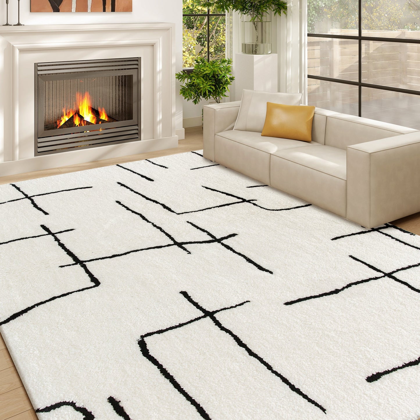 HOMCOM Modern Fluffy Area Rug, Geometric Pattern Washable Rug, Soft High Pile Floor Carpet for Living Room, Bedroom, Dining Room, Home Office, 170 x 120 cm, Cream