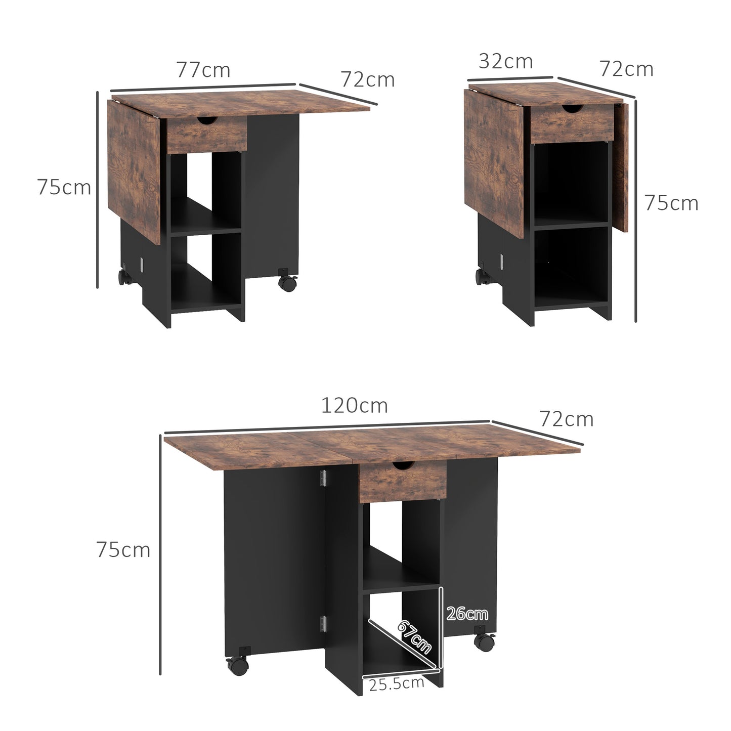 HOMCOM Folding Dining Table, Drop Leaf Table for Small Spaces, Foldable Table with Drawer and Storage Shelves for Kitchen, Dining Room, Rustic Brown