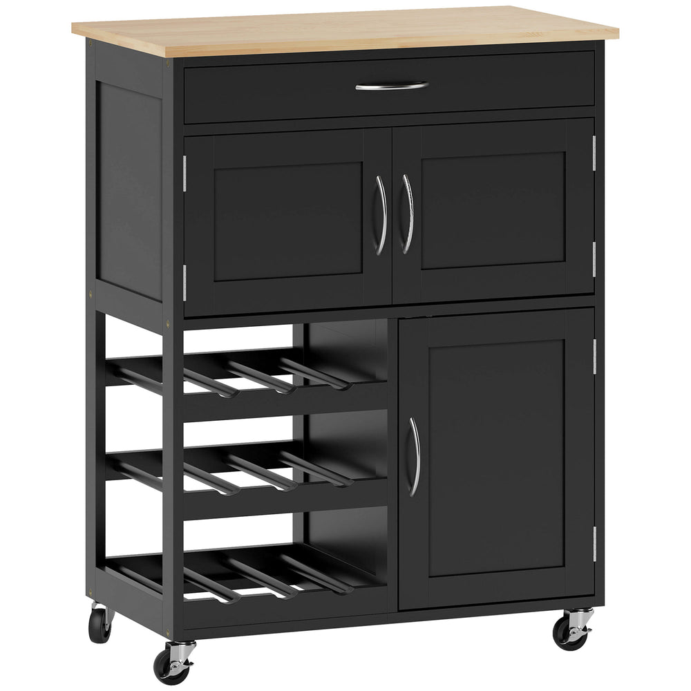 HOMCOM Modern Kitchen Trolley, Rolling Island Storage Cart with Drawer, 9-bottle Wine Rack, Door Cabinets, Black