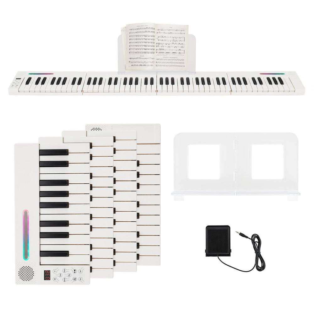 4PCS Portable Folding Full Size Electric Piano with Sustain Pedal Music Stand and Rechargeable Battery-White