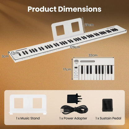 4PCS Portable Folding Full Size Electric Piano with Sustain Pedal Music Stand and Rechargeable Battery-White