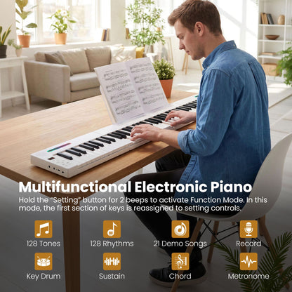 4PCS Portable Folding Full Size Electric Piano with Sustain Pedal Music Stand and Rechargeable Battery-White