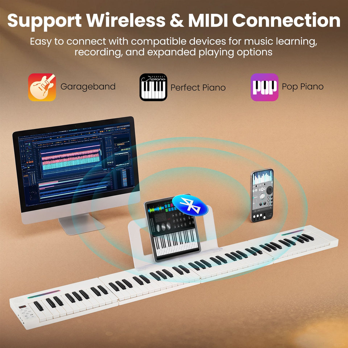 4PCS Portable Folding Full Size Electric Piano with Sustain Pedal Music Stand and Rechargeable Battery-White