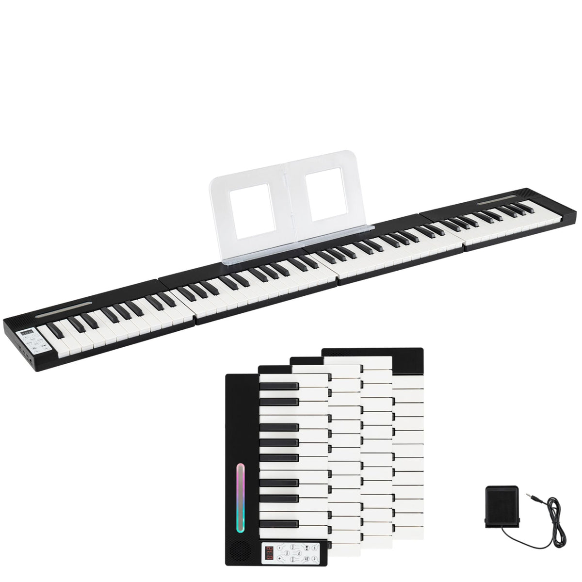 4PCS Portable Folding Full Size Electric Piano with Sustain Pedal Music Stand and Rechargeable Battery-Black