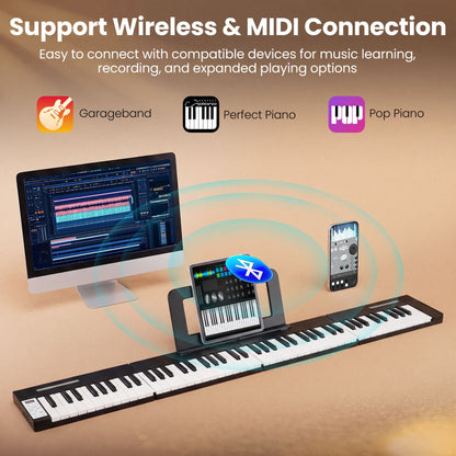 4PCS Portable Folding Full Size Electric Piano with Sustain Pedal Music Stand and Rechargeable Battery-Black