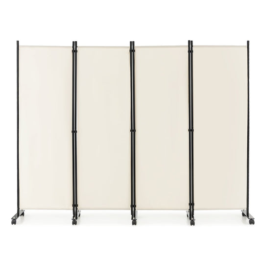 4-Panel Folding Room Divider with Wheels for Living Room Bedroom -White