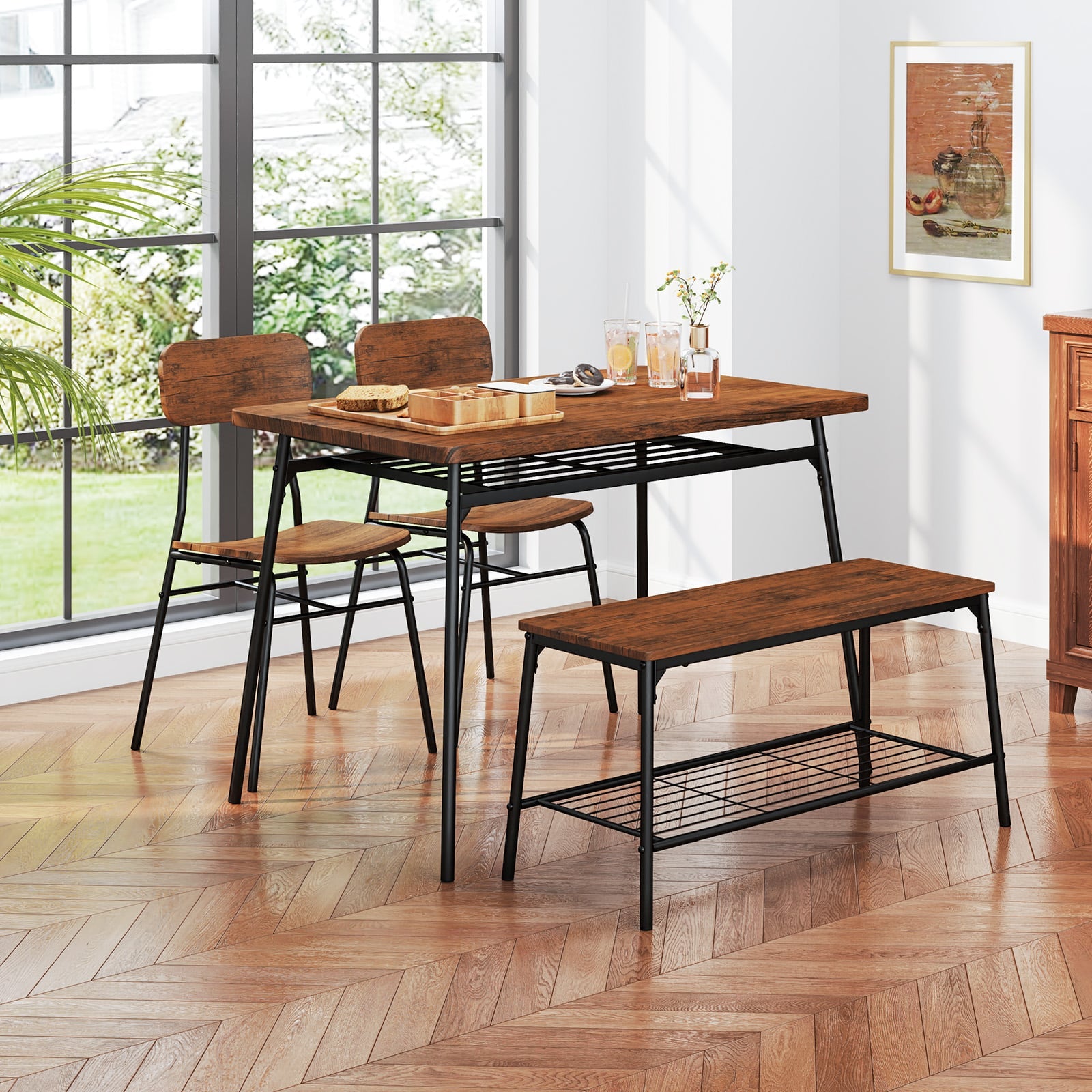 4-Piece Dining Table Set Metal with Bench and Storage Racks-Brown