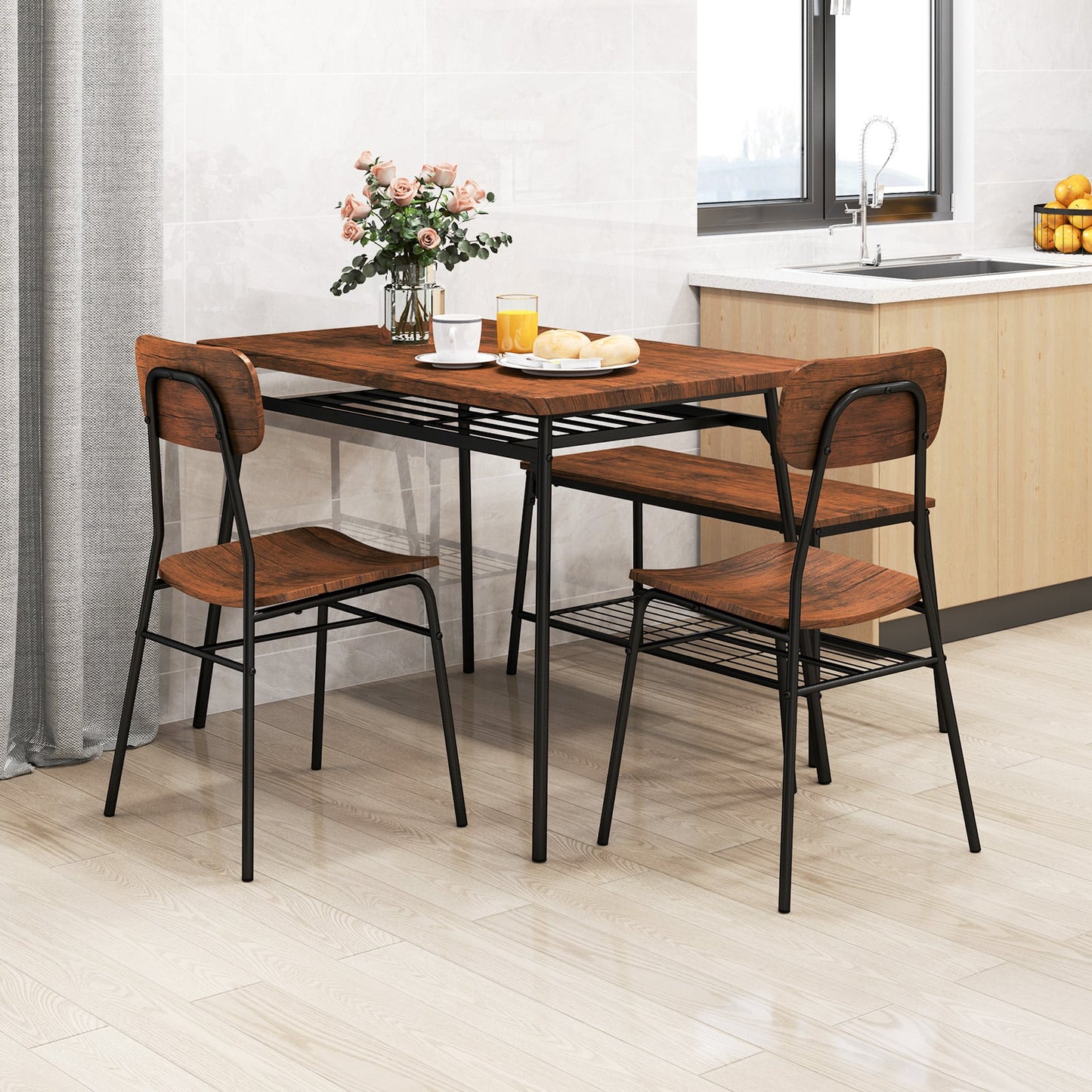4-Piece Dining Table Set Metal with Bench and Storage Racks-Brown