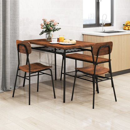 4-Piece Dining Table Set Metal with Bench and Storage Racks-Brown
