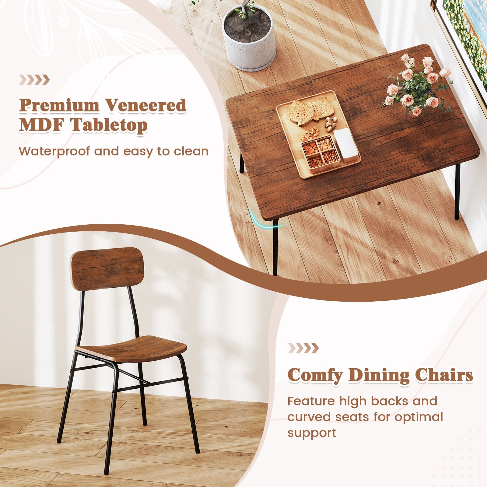 4-Piece Dining Table Set Metal with Bench and Storage Racks-Brown