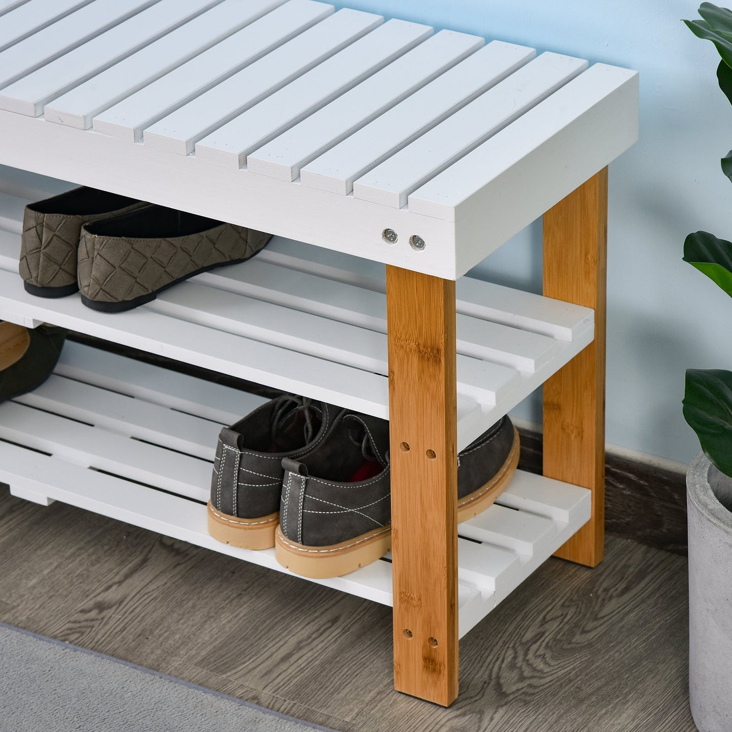 HOMCOM Shoe Bench, 3-Tier Wooden Shoe Rack with Hidden Storage Compartment, Slatted Shelves, Home Storage Unit, Hallway Furniture, Natural, 90L x 29W x45H cm